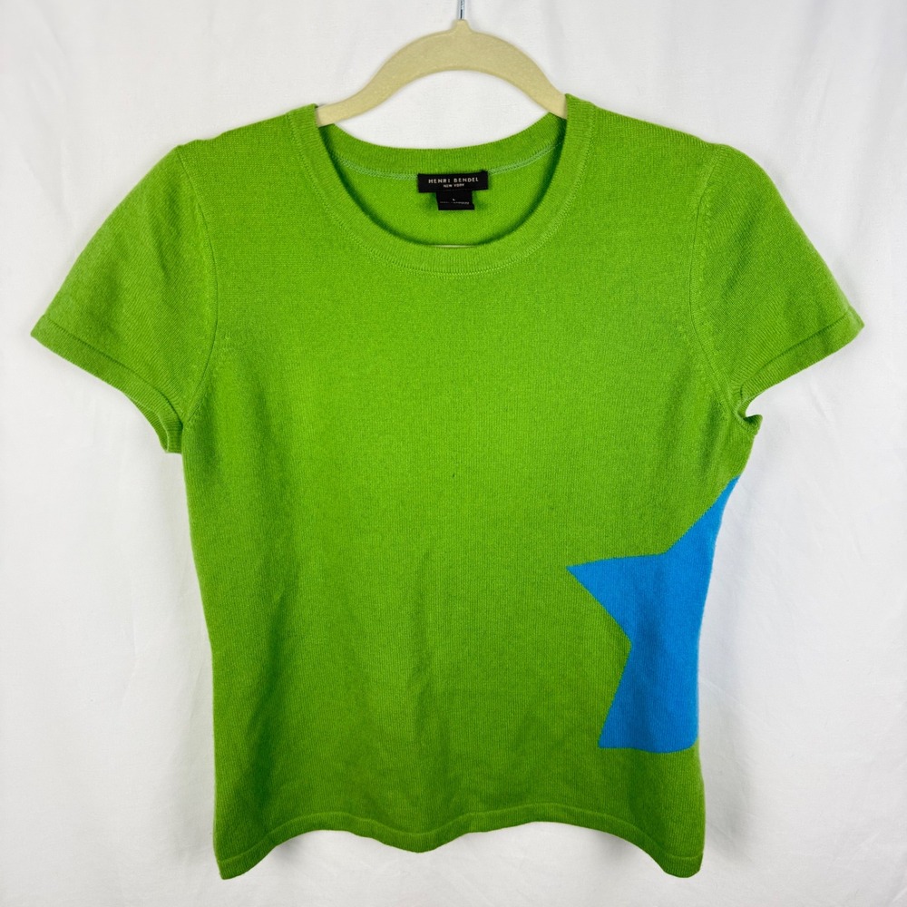 Henri Bendel Lime Green Cashmere Sweater Blue Star Short Sleeve Large Y2K Retro